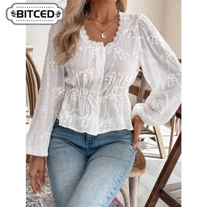 BITCED Damen Mode Lässige O-Ausschnitt Langarm Blusen & Hemden