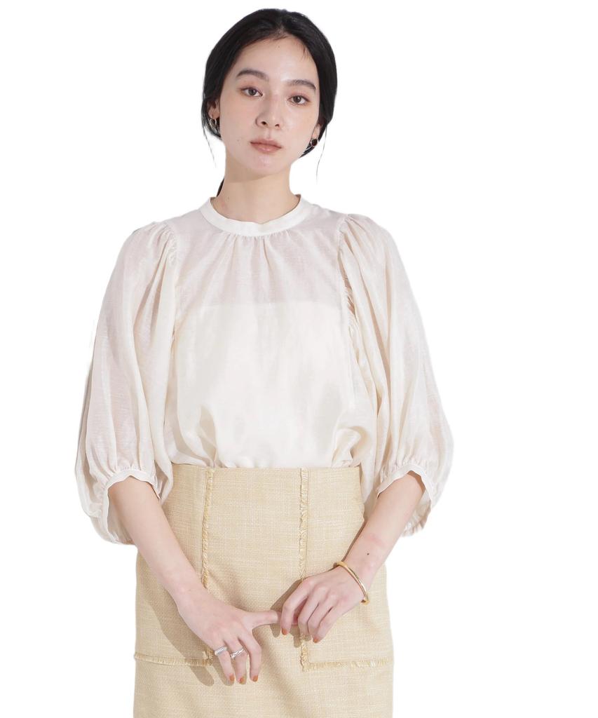 Nano Universe Linen Blend Sheer Blouse with Volume Size F Women's Sleeves, Ivory, 037, 669-5120317