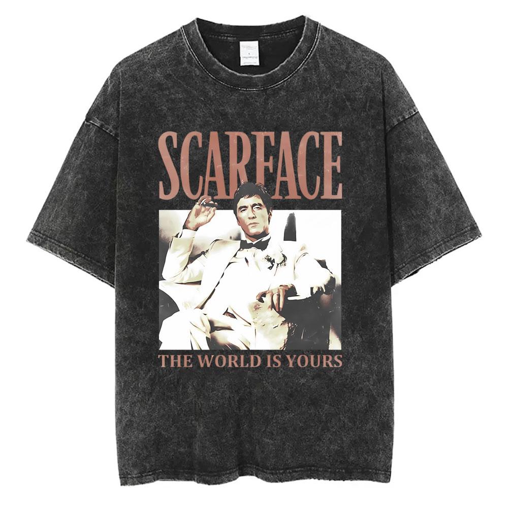 Movie Scarface Vintage Washed Tshirt Tony Montana Face Al Pacino Oversized Tshirts Men Women Fashion Hip Hop Gothic T Shirts