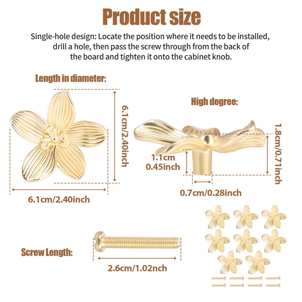 8 Stück Goldene Blume Schubladengriffe Zinklegierung Verschleißfest Rostfrei Schrankgriff Einzelbohrung mit Schrauben für Kleiderschrank Bücherregal