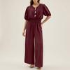 Women's Fashionable Solid Color V-neck  Button Short Sleeved Casual Loose Wide Leg Pants Jumpsuit