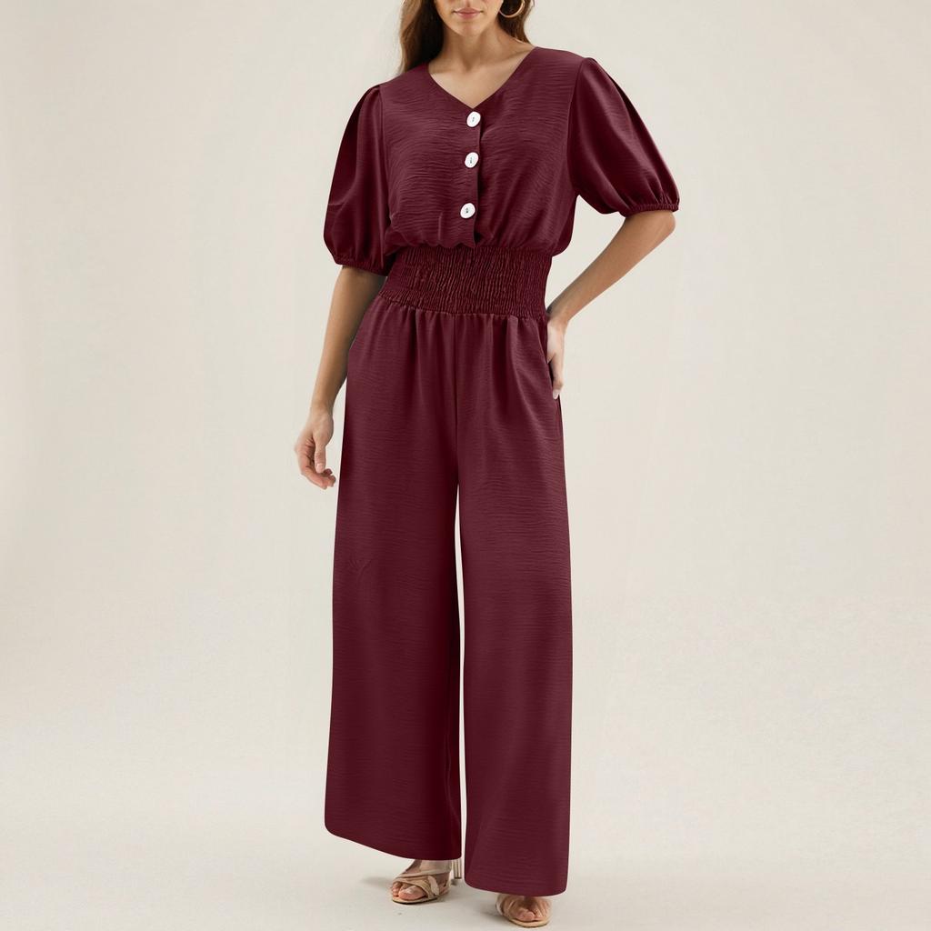 Women's Fashionable Solid Color V-neck  Button Short Sleeved Casual Loose Wide Leg Pants Jumpsuit