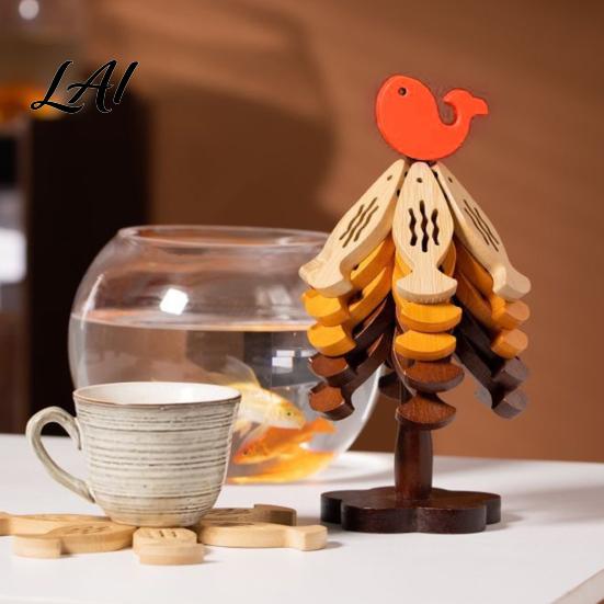 Kitchen Accessories Gift Bamboo Trivets with Storage Rack Heat Resistant Hot Table Protector Pads Decorative Wooden Coaster for Dining Countertop