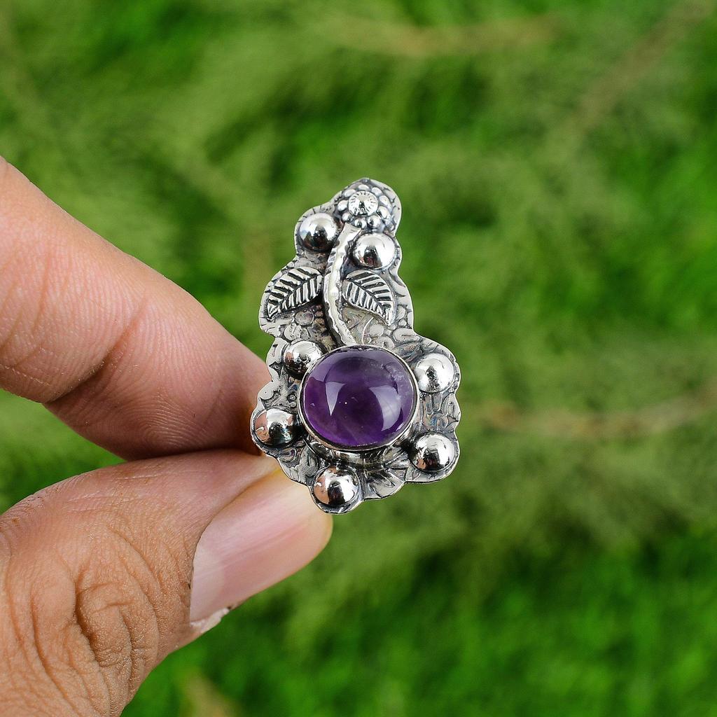 Mothers day Deal Round African Amethyst Stone Flower Statement Ring 925 Silver