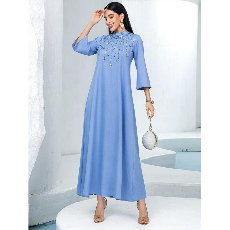 New Arrival Middle East Half Turtleneck Hand-Stitched Diamond Dress Party Long Dress Hand Sewn Diamond Dress