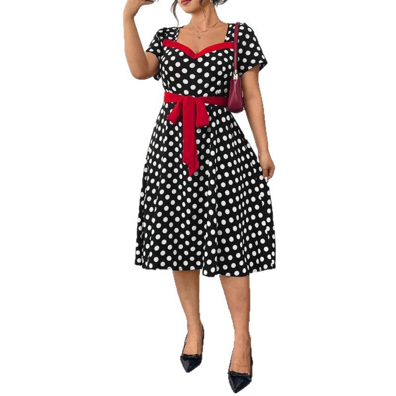 Plus Size Polka Dot Color Block Waisted Knee Length Square Neck Women Summer Dress