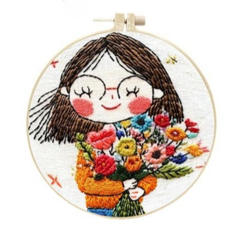 1 Set Cartoon Mädchen Bouquet Handstickerei Materialset, Kreuzstich Anfänger Einfaches Set mit Illustrierter Anleitung und Werkzeugen