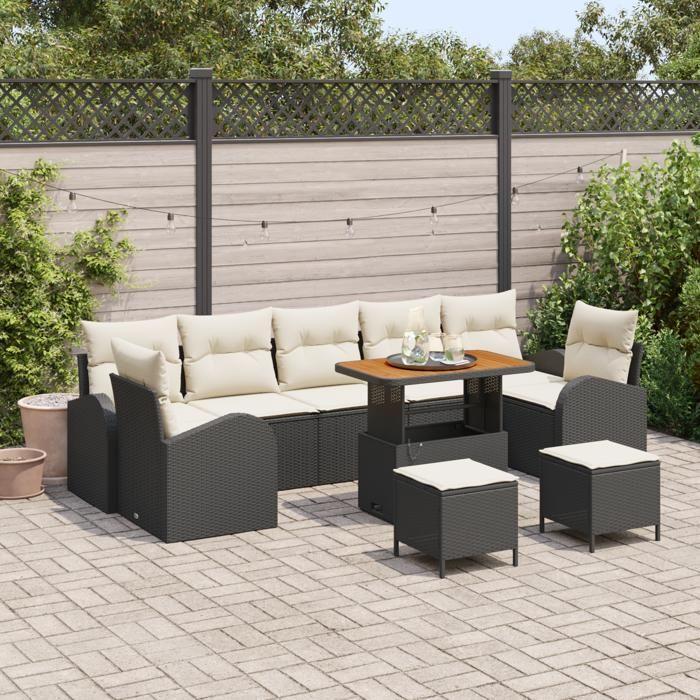 Ensemble de Canapé de Jardin 10 Pièces Noir Rattan Poly Acacia, Canapé de Jardin 2 Places Noir Rattan Poly, Ensemble 3362380