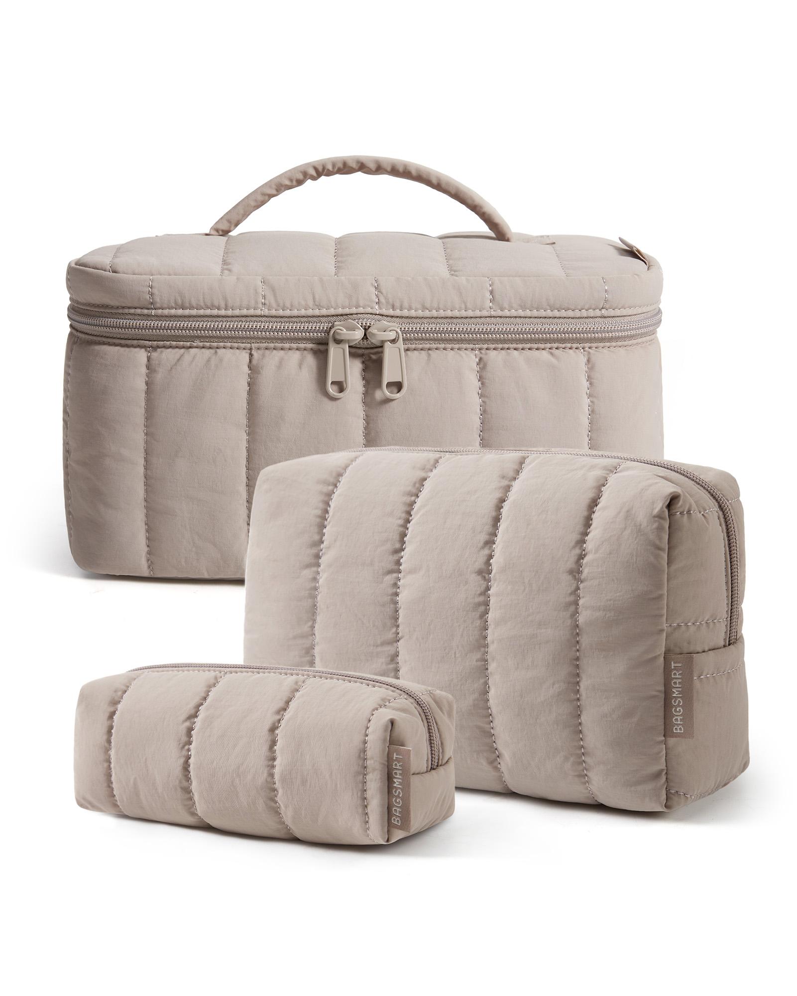 BAGSMART Travel Makeup Bag for Women 3 Pcs Puffy Quilted Cosmetic Organizer Large Versatile Toiletry Case коричневый