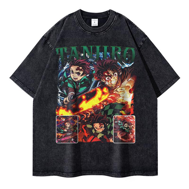 Nezuko T Shirts Vintage Washed Anime Kimetsu No Yaiba T-shirt Oversized Short Sleeve Demon Slayer Mitsuri Tokitou Tops Tees Men