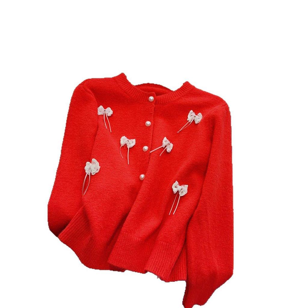 Fragrant Style Women's Bow Sweater Coat - Loose Round Neck Knitted Cardigan for Spring & Autumn 2025