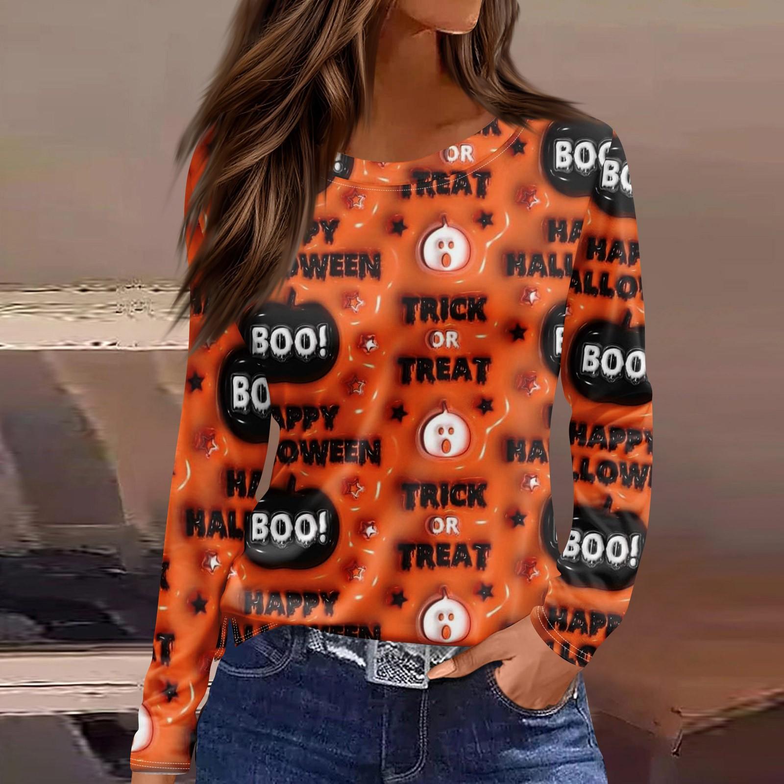 

Women s Fashion Hem Slit Casual Halloween Printed Round Neck Long Sleeve Top M шафрановий