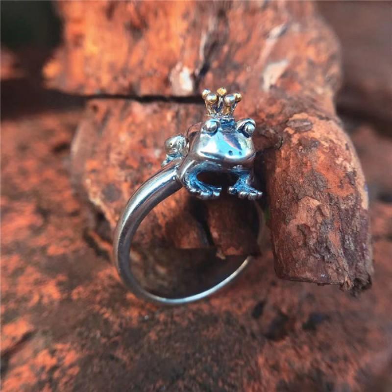 Adjustable Open Ring Men Women Sterling Crown Frog Design Vintage Artisan Jewelry