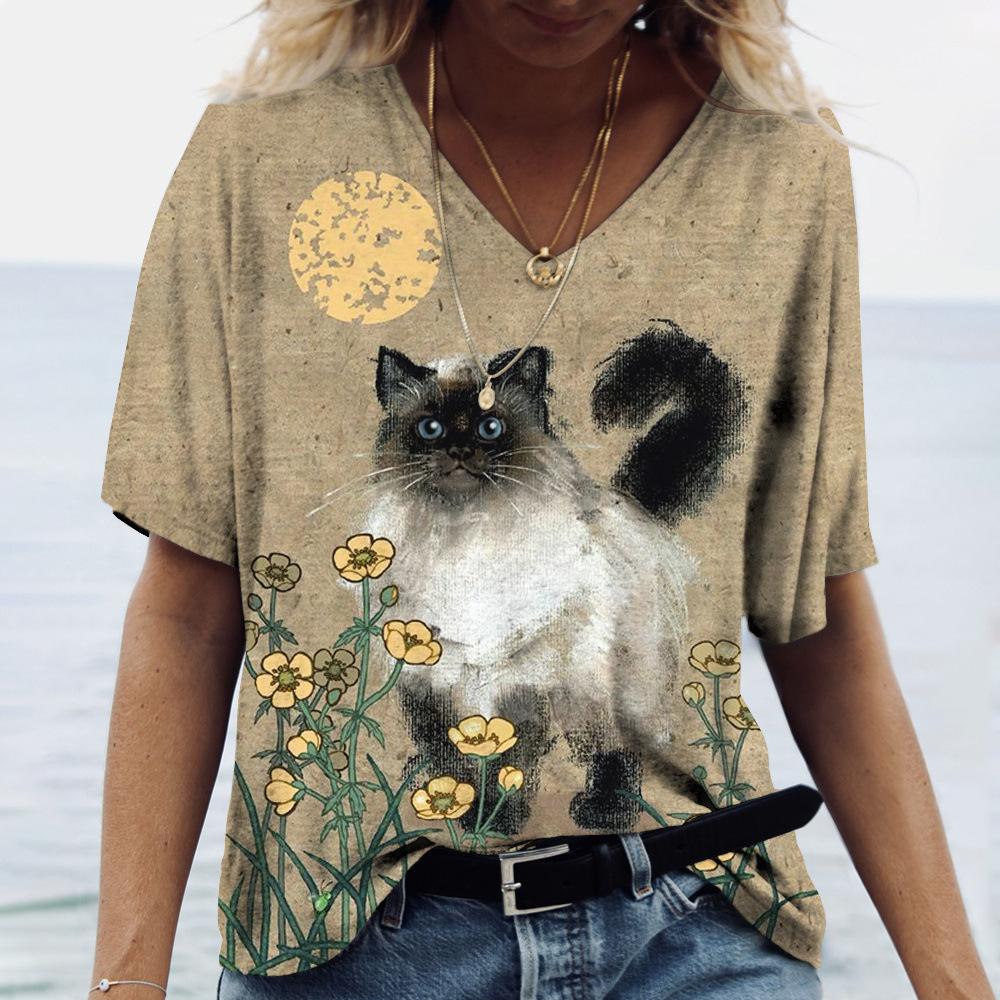 2025 Summer New 3D Cat Print Tee Loose Retro Women's V-neck Short Sleeved Street Style T-shirt Casual Top