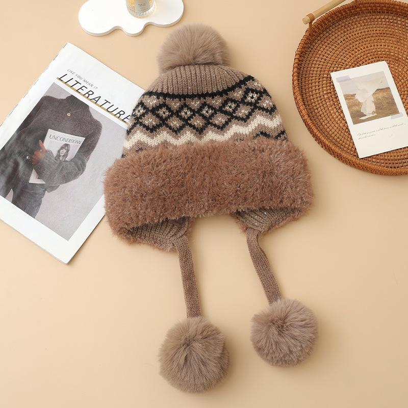 Fair Island Style Winter Plaid Bright Silk Plus Velvet Hat Versatile Sweet Ball Hat Outdoor Travel Cold Warm Hat Korean