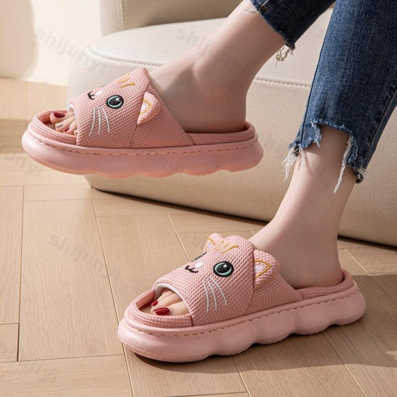 Fashion Cute Cat Couple Women Slippers Fashion Breathable Indoor House Slippers Sweat-absorbing Linen Antiskid Comfort Casual Slippers