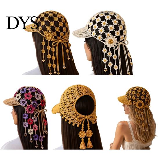 Outdoor Sun Protection Cap Hand Crocheted Sunflower Baseball Cap, Bohemian Tassel Bell Hat, Handmade Knit Cutout Floral Decorative Bowknot Beanie