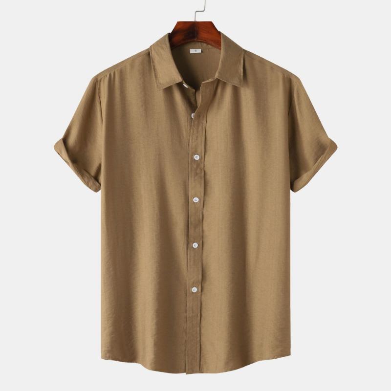 Men Solid Color Linen Short Sleeve Shirt Loose Casual Summer Button Up Top