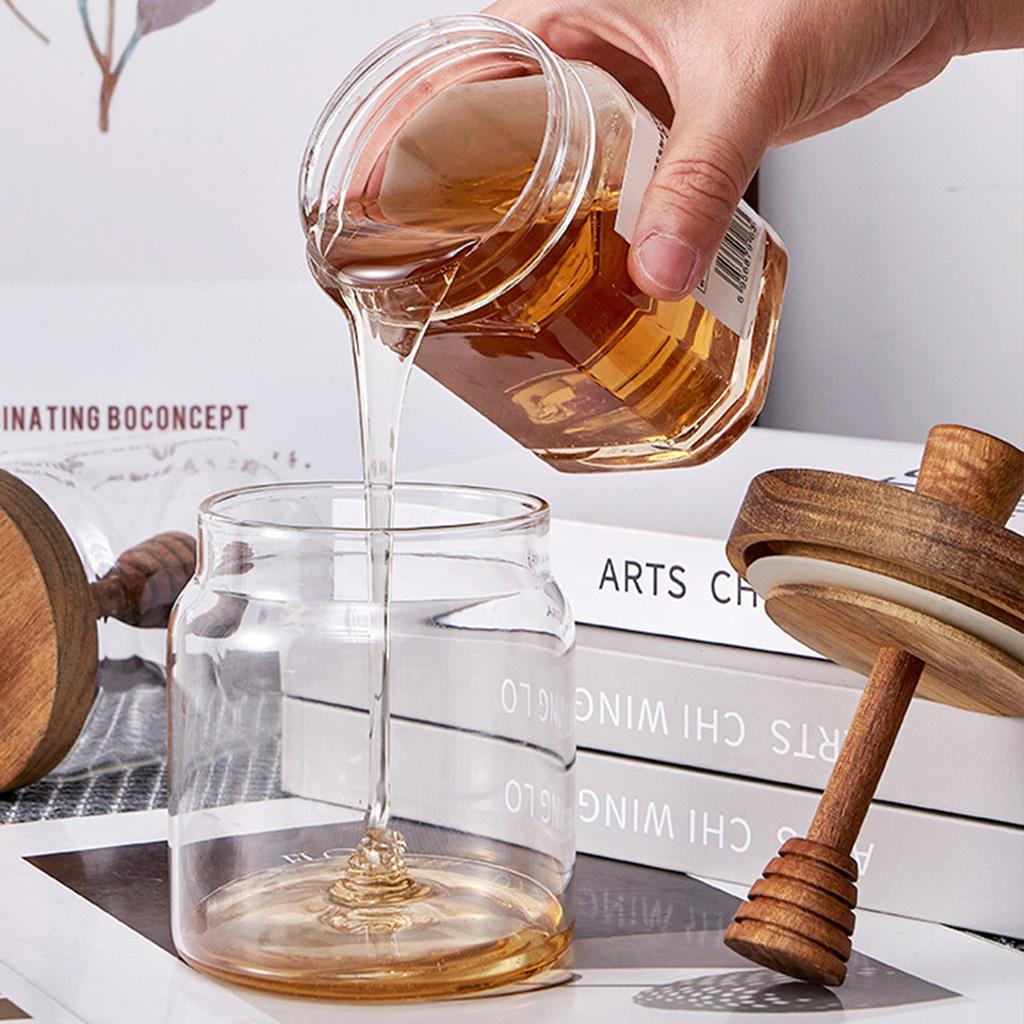 Honigglas mit Holzdeckel & Rührstab Hochborosilikatglas Transparentes Marmeladenaufbewahrungsgefäß Luftdichter Küchenvorratskammer-Organizer