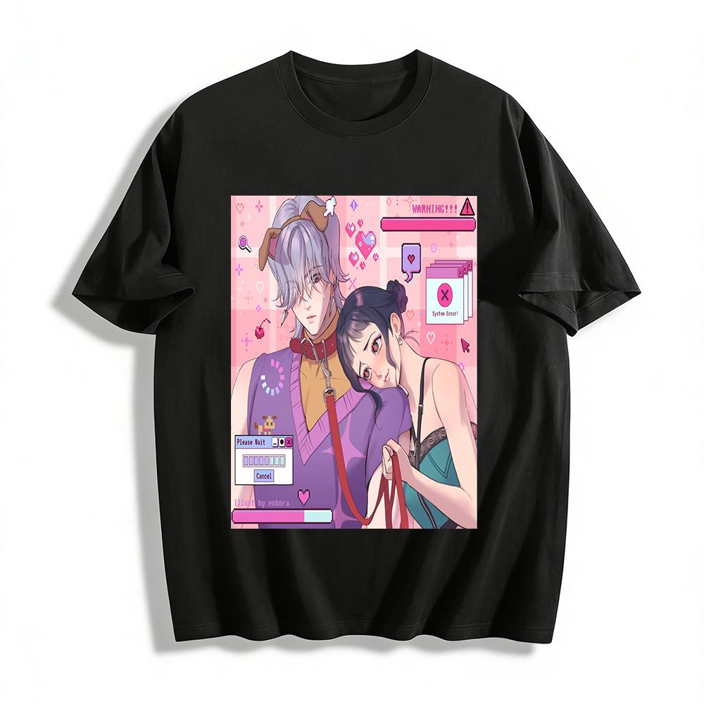 Japanese Anime Contrast Cute Couple Print T-shirt, Soft Boy & Cool Girl Sweet Cool Top Pure cotton T-shirt XXS