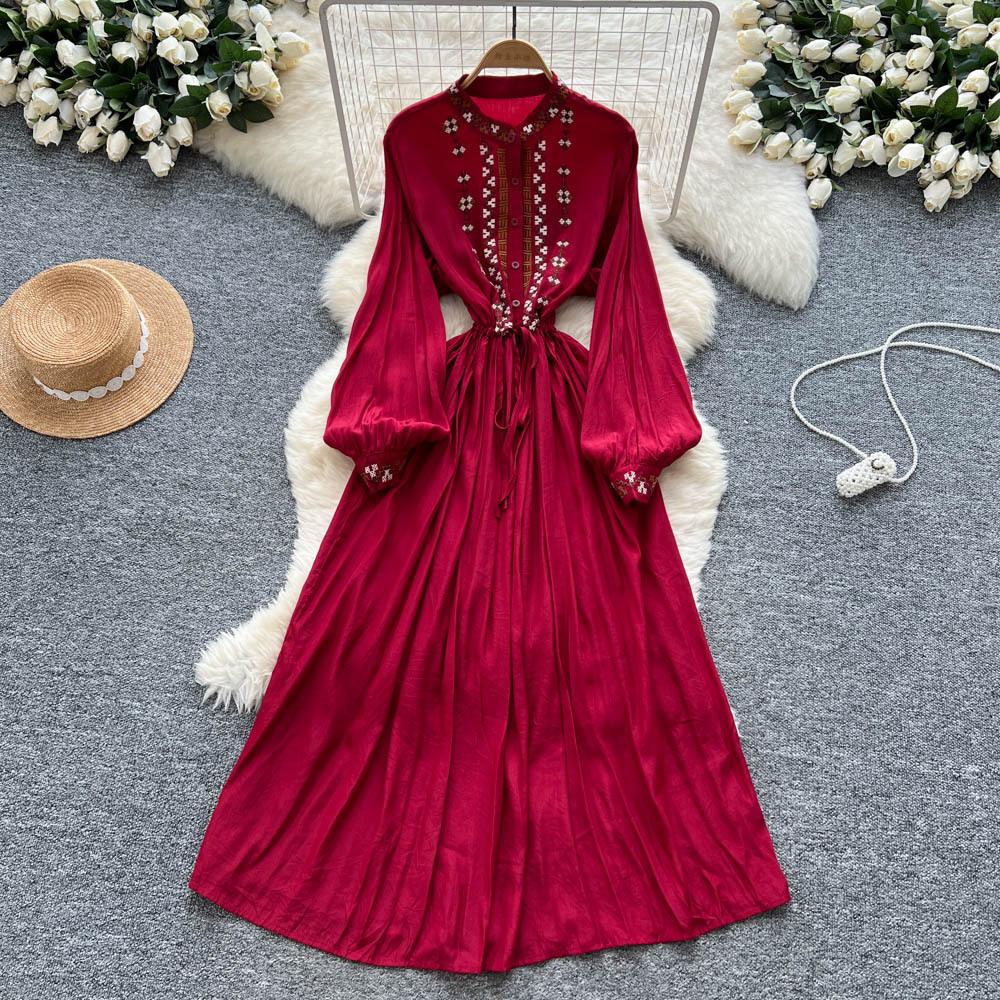 

Платье в ретро этническом стиле с тяжелой вышивкой для женщин, модное, с кисточками на талии, приталенное, богемное, драпированное, с большим подолом, пляжное, длинное One Size