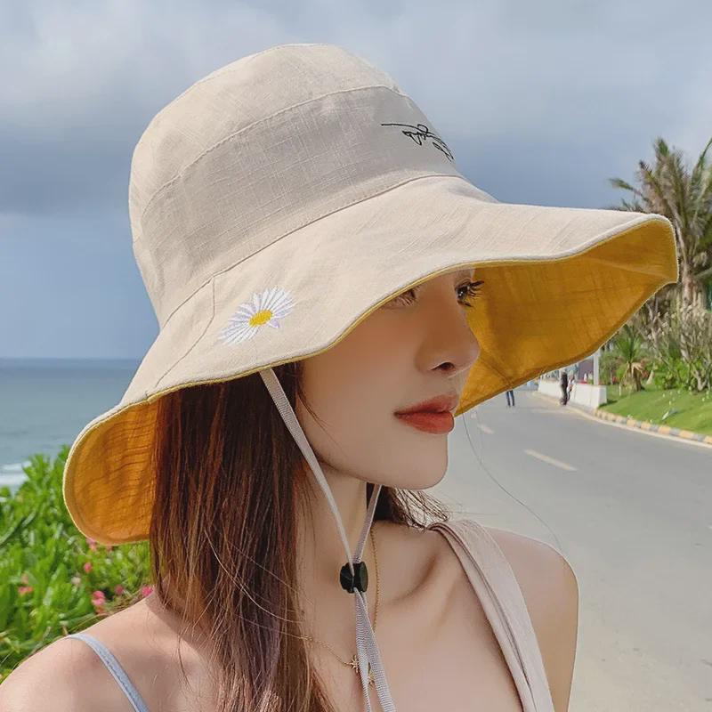 Women's Double-sided Sun Hat - Large Brim, Daisy Pattern, Spring & Autumn, Korean Style, Sun Protection, Face Covering.