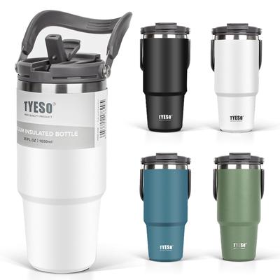 TYESO Tumbler with Straw 1050ml Coffee Water Bottle Thermos Insulated Kettle with Handle Vacuum Insulated Double Walled Wide Mouth Large Capacity