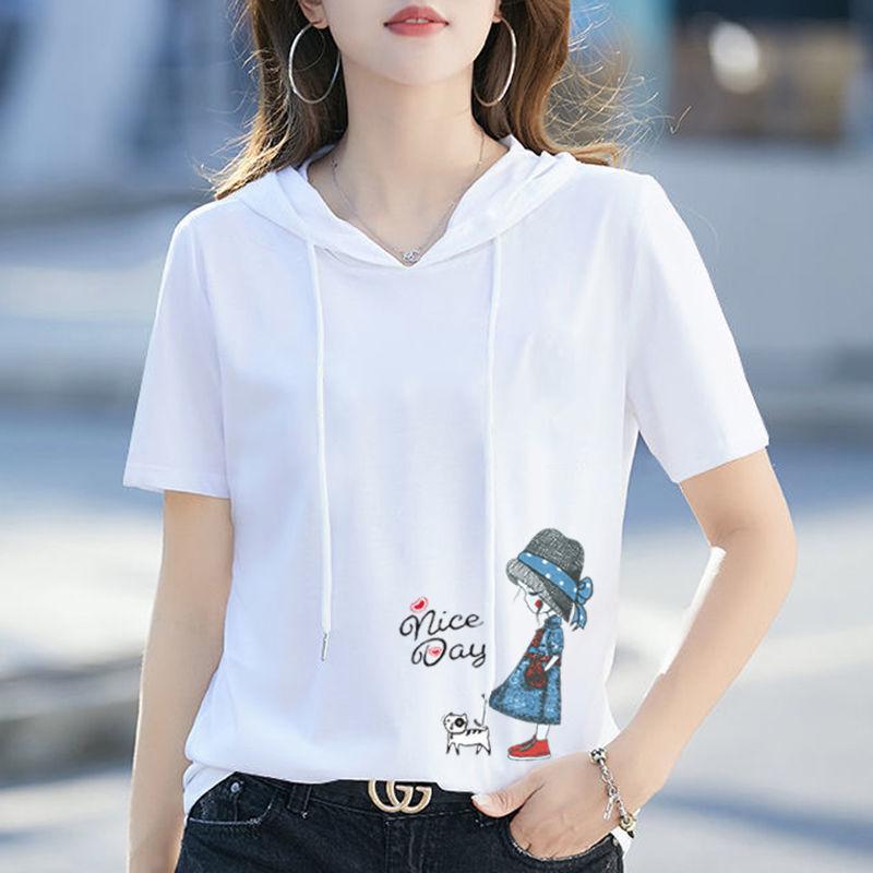 Summer Women's Loose Fit Hooded T-Shirt Korean Style Hooded Sweatshirt