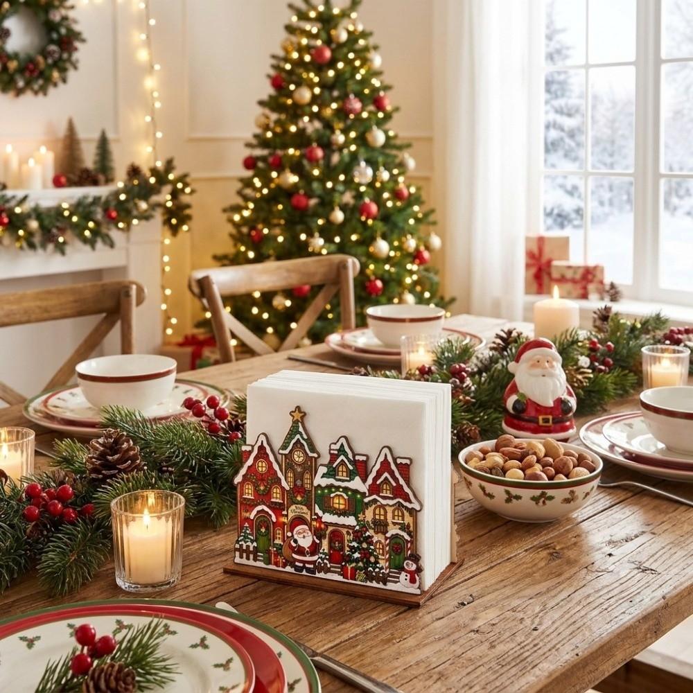 Cartoon Christmas Wooden Napkin Holder Snow House Desktop Tissue Box Tissue Storage Rack Party