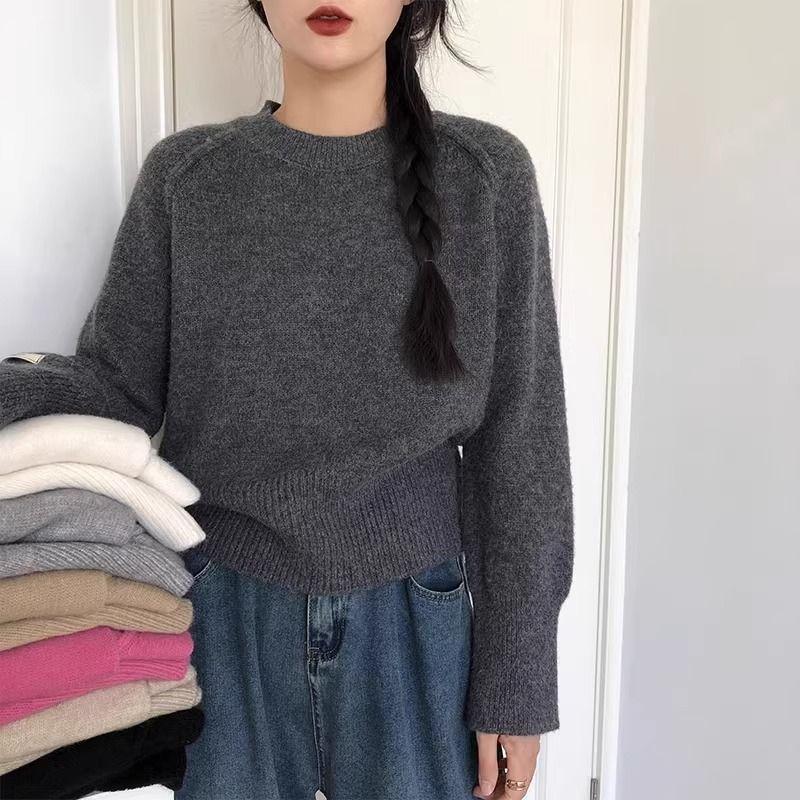 New Korean Chic Round Neck Loose Sweater Women Winter Solid Bottoming Shirt Knitted Tops Simple Design Casual Pullover
