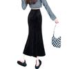 Women's Black Velvet Fishtail Pencil Skirt - High Waist, Slimming, Mid-Length, Pleated, Autumn/Winter.