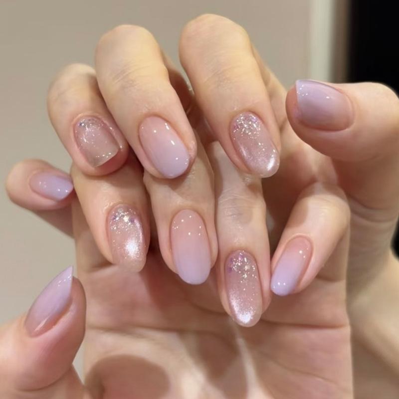 24Pcs Metallic Cat Eye French Sheer 3D Textured Almond Medium Nude Pink Press On Fake Nails