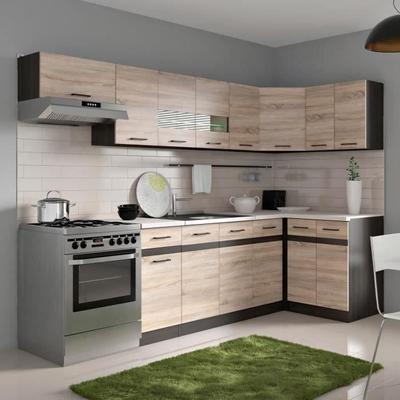 JUNONA Complete Corner Kitchen and Worktop L 3m40 - Reversible Corner - Sonoma Oak Decor - Worktop Included