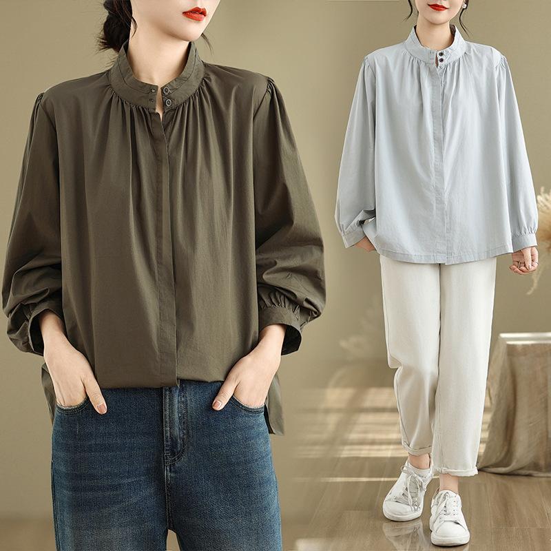 Spring Literature Loose Solid Color Stand Up Collar Lantern Sleeves Long Sleeved Shirt Women's Shirt Top Blouses & Shirts