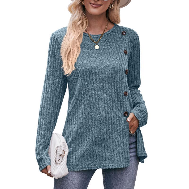 Women's Autumn Button Fashion Solid Color Long-sleeved T-shirt