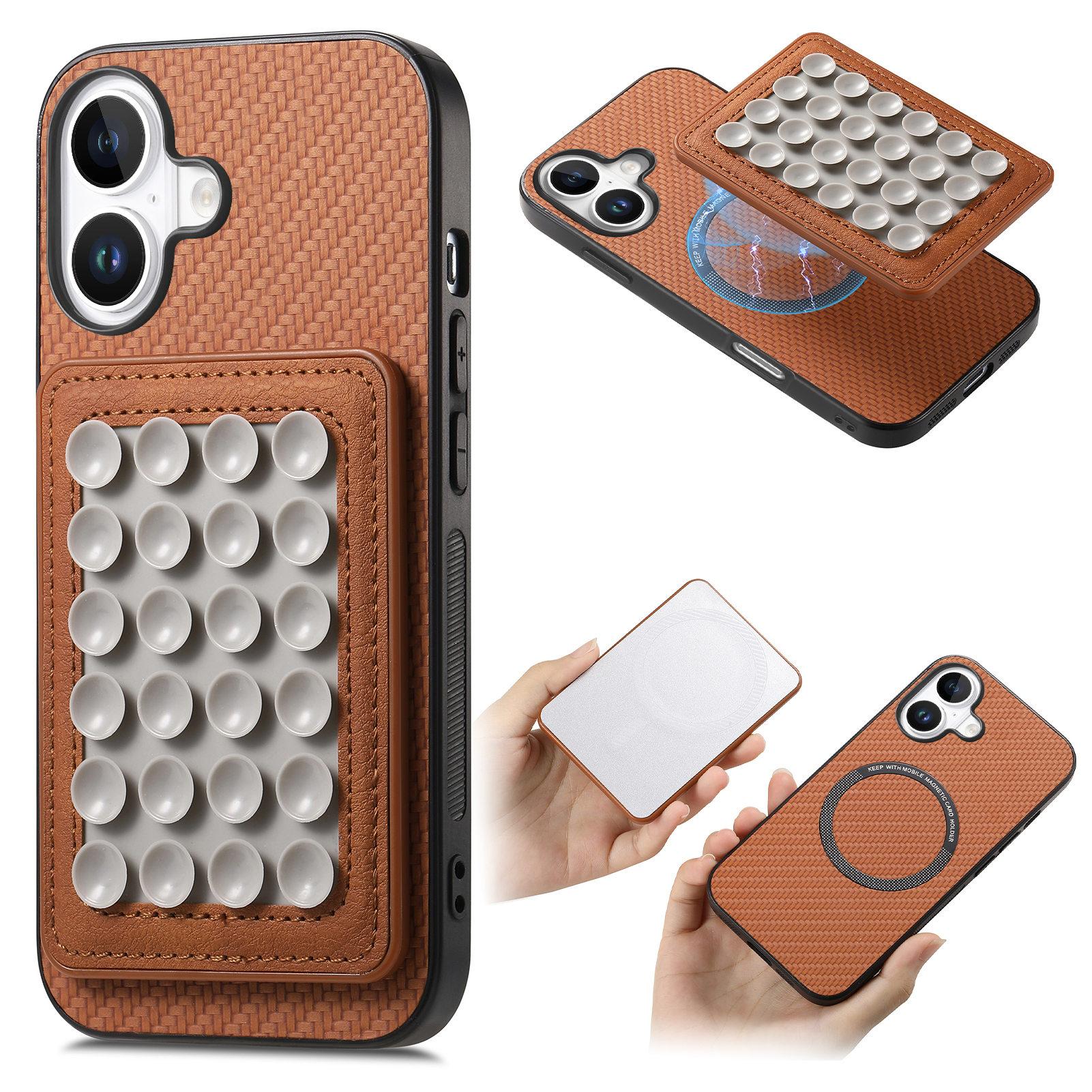 

For iPhone 16 Case Carbon Fiber Texture Leather Back Cover with Magnetic Detachable Suction Cup Brown