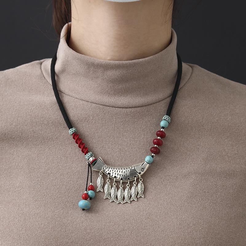 Original design woven dogfish fringed pendant women's necklace fashionable retro Tibetan silver collarbone chain accessories