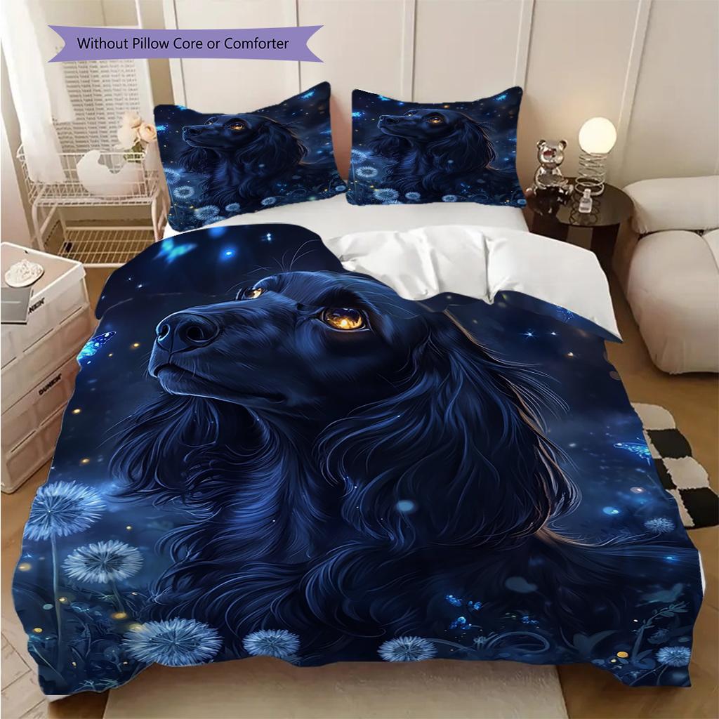 Schwarzes Hundemuster Bettwäsche Steppdecke Set Bettbezug Kissenbezug Heimdekoration Geburtstagsgeschenk (1 Bettbezug + 2 Kissenbezüge, ohne Füllung)
