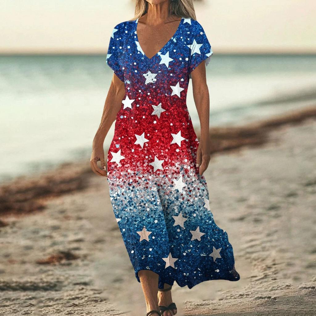 Women’s Maxi Dress V Neck Short Sleeve Loose Fit with Star and Stripe Printed Pattern for Casual Summer Wear