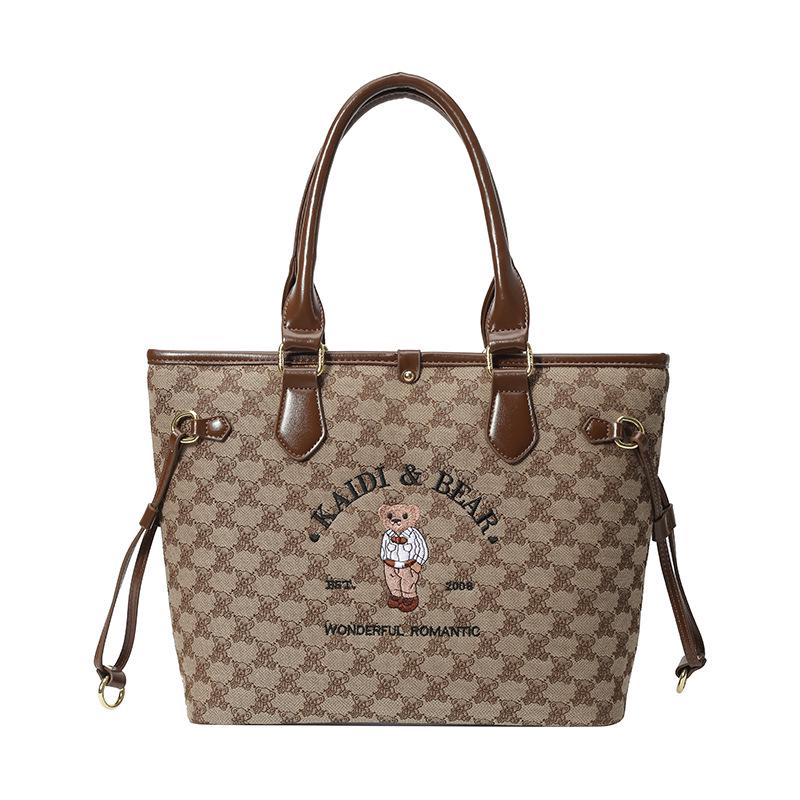 Katie Bear Retro Embroidery Color Block Large Capacity Shoulder Tote Bag 2025