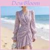 Vintage Floral Knit Dress With Vneck And Long Sleeves For Spring Fashion