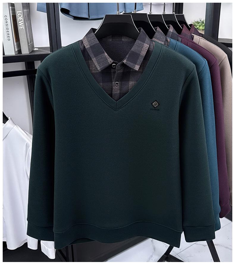 Men's Winter Faux Two-Piece Sweater with Shirt Collar and Velvet-Lined Knitwear