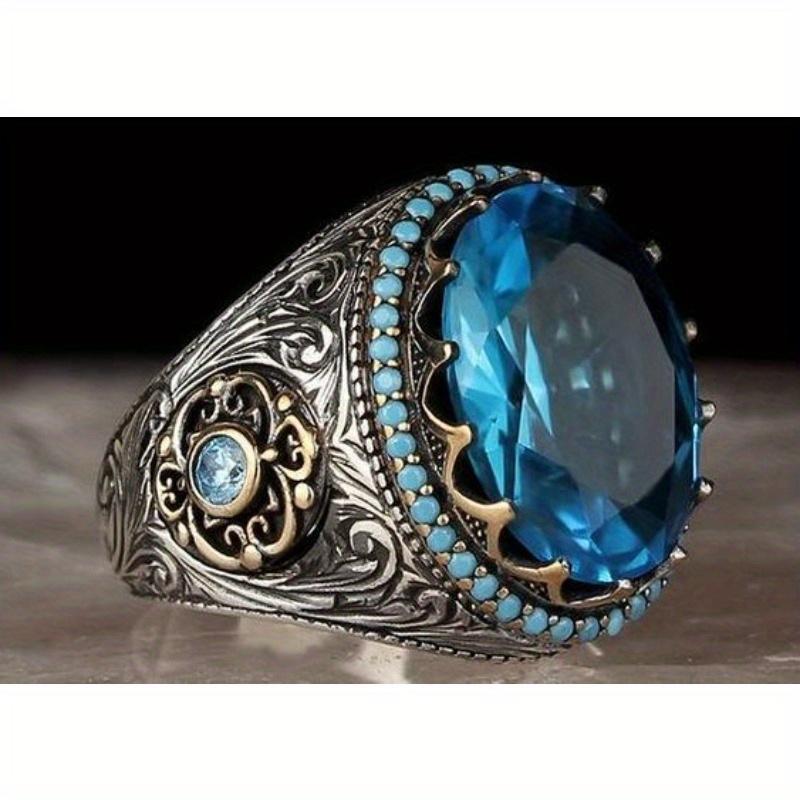 The 1pc Ring Combines Sea Blue Synthetic Zircon, A Fashionable and Retro Ring
