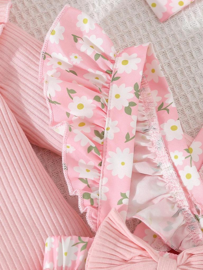 European & American Pastoral Style Infant Romper 3-Piece Set: Bow Floral Suspender Skirt