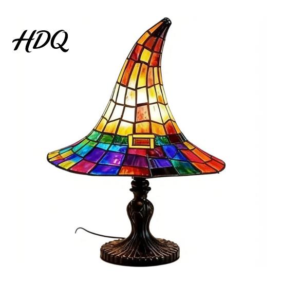 Soft Warm Glow Lamp Stained Glass Witch Hat Lamp, USB Powered Resin 18cm B