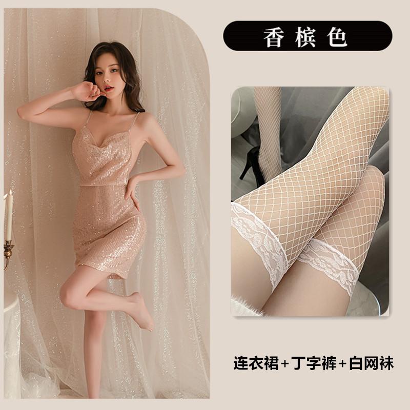 Sex underwear sexy shiny hot temptation halter nightdress perspective uniform no-take-off pajamas