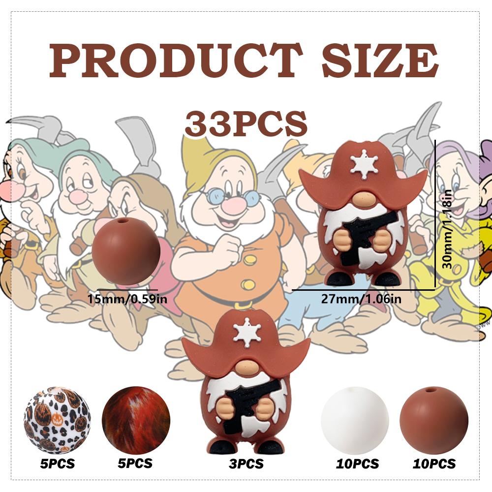 

33PCS Western Cowboy Dwarf Silicone Bead Set, perfect for DIY handmade crafts such as keychains, necklaces, bracelets, etc