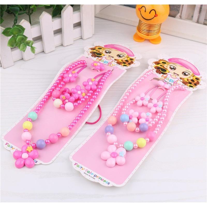 Set de joyería de dibujos animados para niñas - collar de princesa de perlas, anillo, pinza para el pelo y goma para el pelo, set de 5 piezas