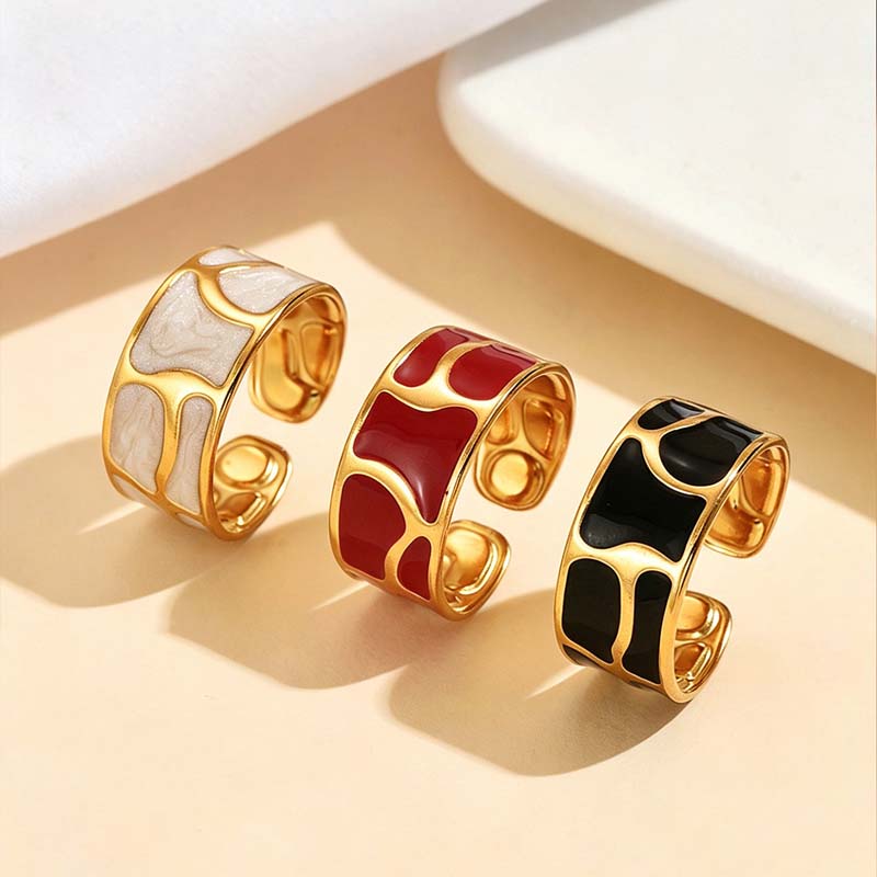 Vintage Red Enamel Oil Drip Open Rings for Women Stainless Steel Gold Color Irregular Textured Geometric Ring Jewelry