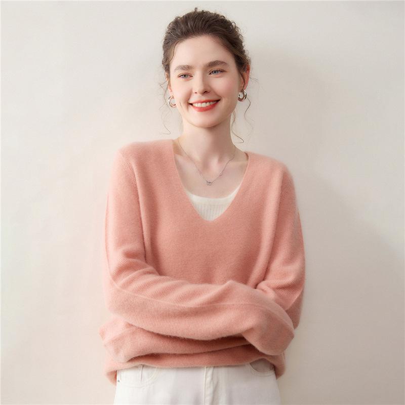Women's Versatile Deep V-Neck Cashmere Knit Sweater - Long Sleeve